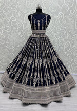 Lovely Navy Blue Color Satin Fabric Party Wear Lehenga