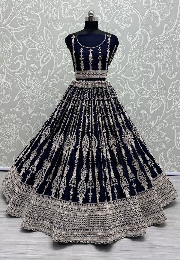 Lovely Navy Blue Color Satin Fabric Party Wear Lehenga