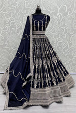 Lovely Navy Blue Color Satin Fabric Party Wear Lehenga