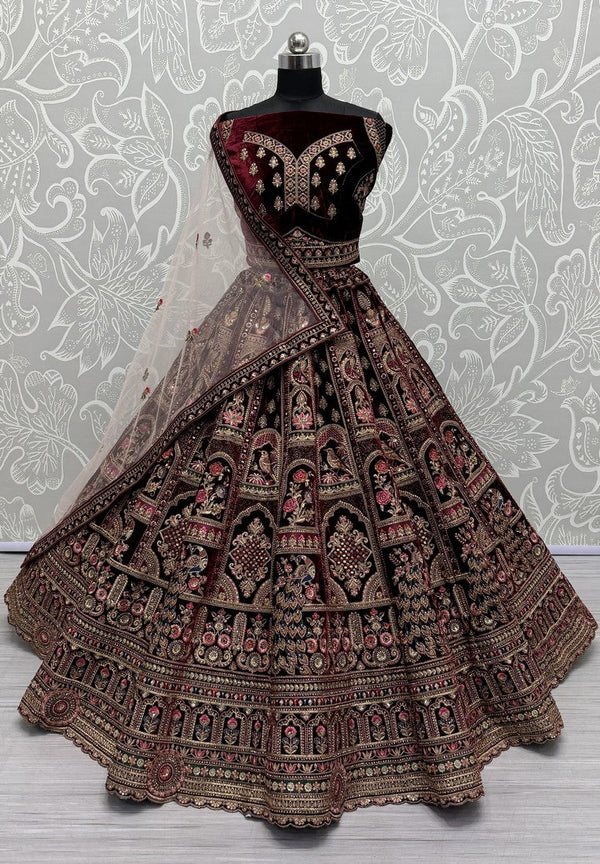 Lovely Maroon Color Velvet Fabric Party Wear Lehenga