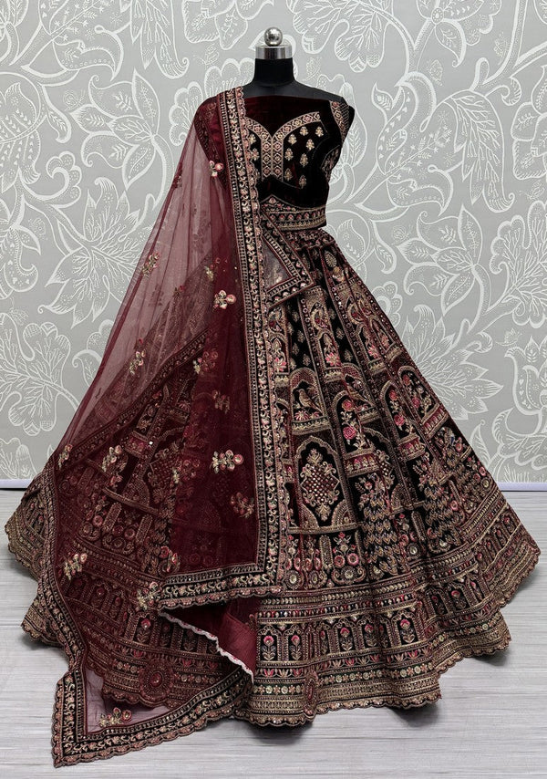 Lovely Maroon Color Velvet Fabric Party Wear Lehenga