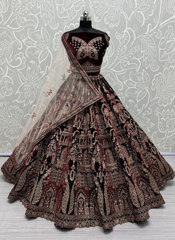 Lovely Maroon Color Velvet Fabric Party Wear Lehenga