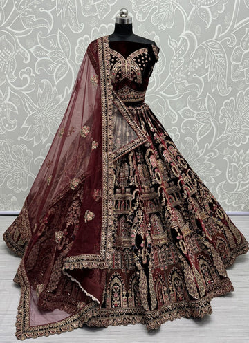 Lovely Maroon Color Velvet Fabric Party Wear Lehenga