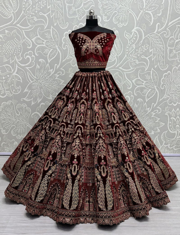 Lovely Maroon Color Velvet Fabric Party Wear Lehenga