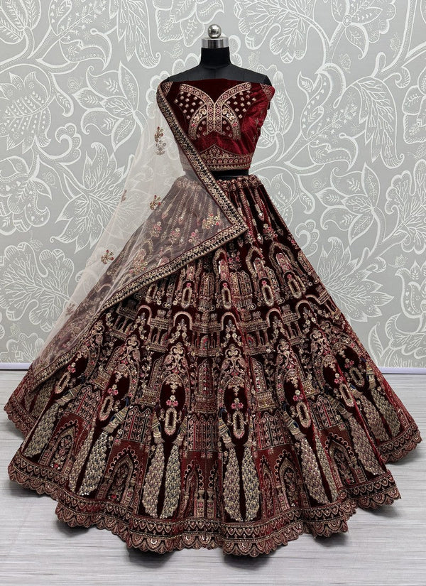 Lovely Maroon Color Velvet Fabric Party Wear Lehenga