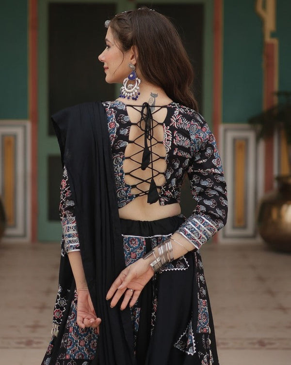 Dazzling Black Color Rayon Fabric Party Wear Lehenga