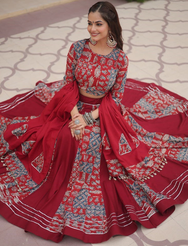 Dazzling Maroon Color Rayon Fabric Party Wear Lehenga