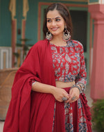 Dazzling Maroon Color Rayon Fabric Party Wear Lehenga