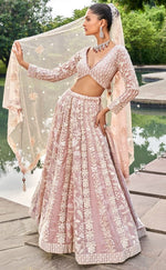 Delightful Peach Color Organza Fabric Party Wear Lehenga