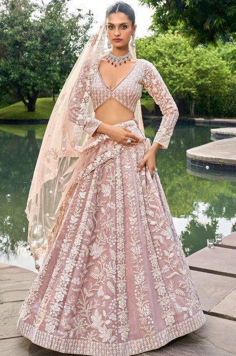 Delightful Peach Color Organza Fabric Party Wear Lehenga