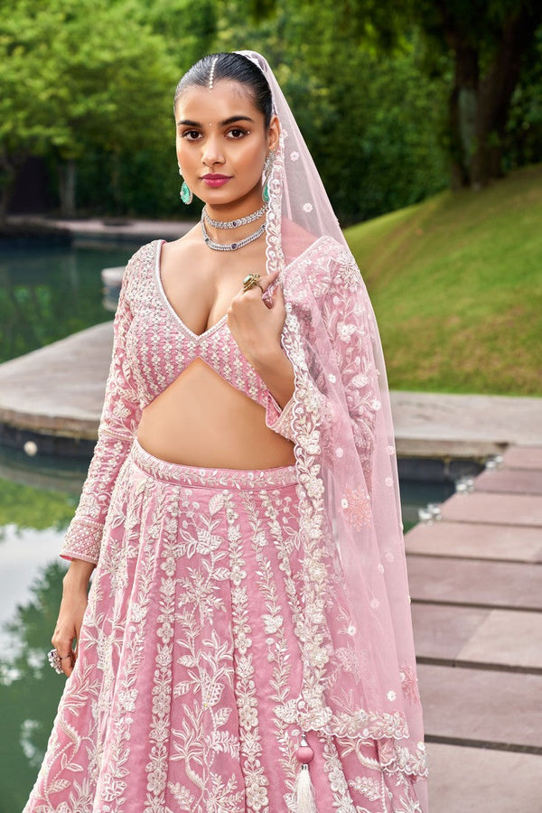 Delightful Pink Color Organza Fabric Party Wear Lehenga