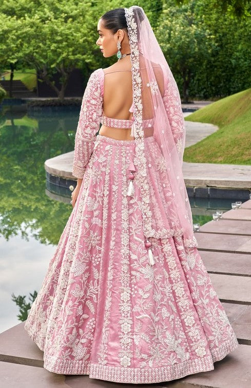 Delightful Pink Color Organza Fabric Party Wear Lehenga