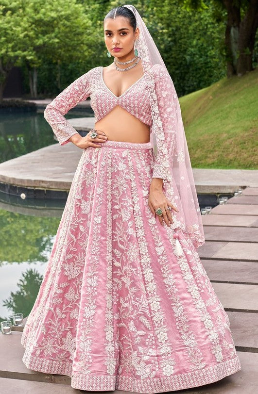 Delightful Pink Color Organza Fabric Party Wear Lehenga