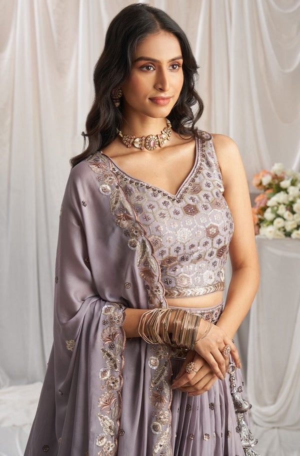 Delightful Purple Color Georgette Fabric Party Wear Lehenga