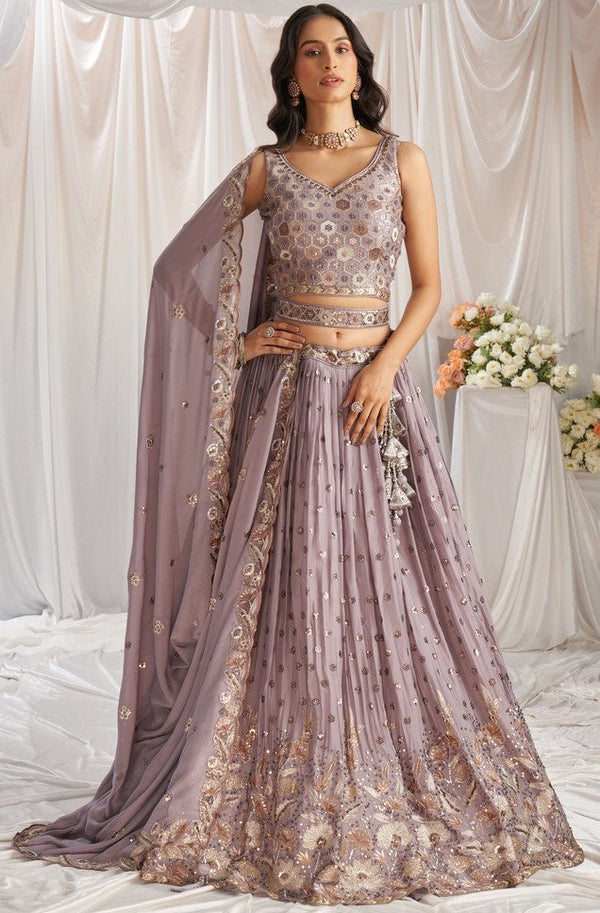 Delightful Purple Color Georgette Fabric Party Wear Lehenga