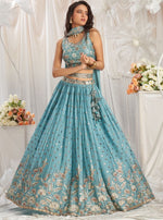 Delightful Turquoise Color Georgette Fabric Party Wear Lehenga