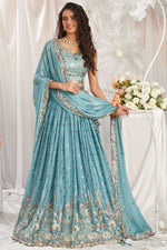 Delightful Turquoise Color Georgette Fabric Party Wear Lehenga