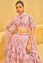 Delightful Pink Color Organza Fabric Party Wear Lehenga