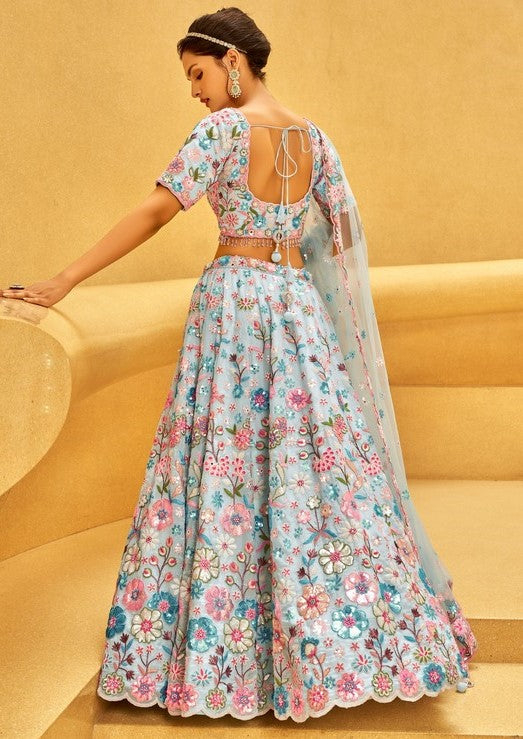 Delightful Aqua Color Organza Fabric Party Wear Lehenga