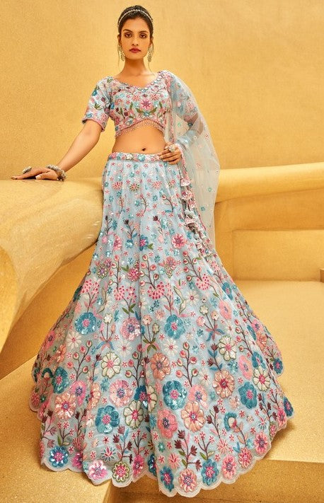 Delightful Aqua Color Organza Fabric Party Wear Lehenga