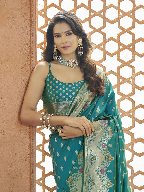 Dazzling Teal Color Banarasi Fabric Casual Saree