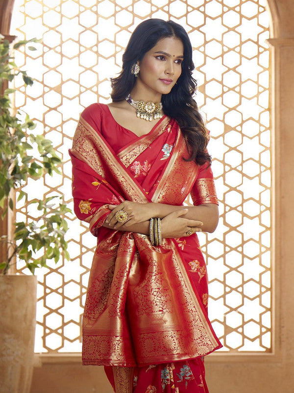 Dazzling Red Color Banarasi Fabric Casual Saree