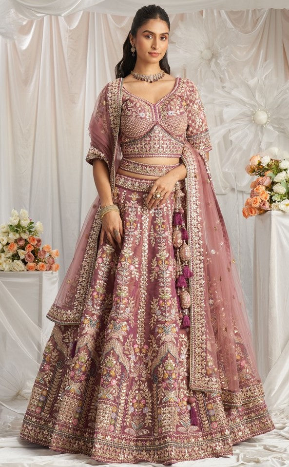 Lovely Wine Color Tissue Fabric Party Wear Lehenga