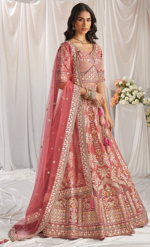 Lovely Peach Color Tissue Fabric Party Wear Lehenga