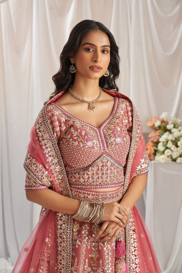 Lovely Peach Color Tissue Fabric Party Wear Lehenga