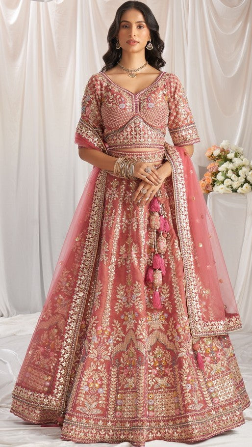 Lovely Peach Color Tissue Fabric Party Wear Lehenga