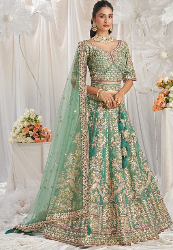 Lovely Green Color Tissue Fabric Party Wear Lehenga