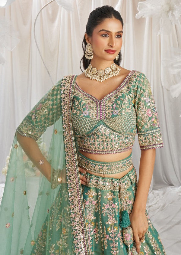 Lovely Green Color Tissue Fabric Party Wear Lehenga