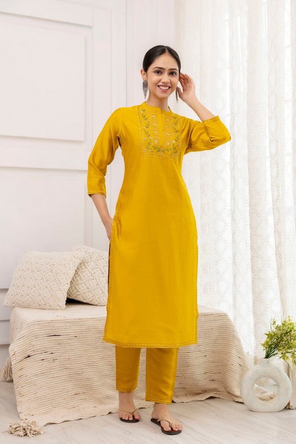 Divine Mustard Color Viscose Fabric Designer Suit