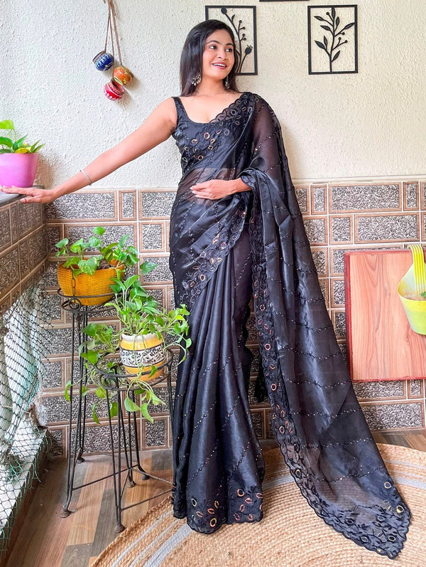 Ideal Black Color Burberry Fabric Casual Saree