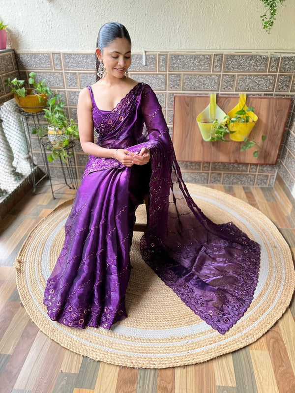 Ideal Purple Color Burberry Fabric Casual Saree