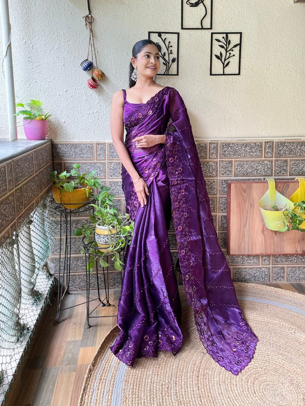 Ideal Purple Color Burberry Fabric Casual Saree