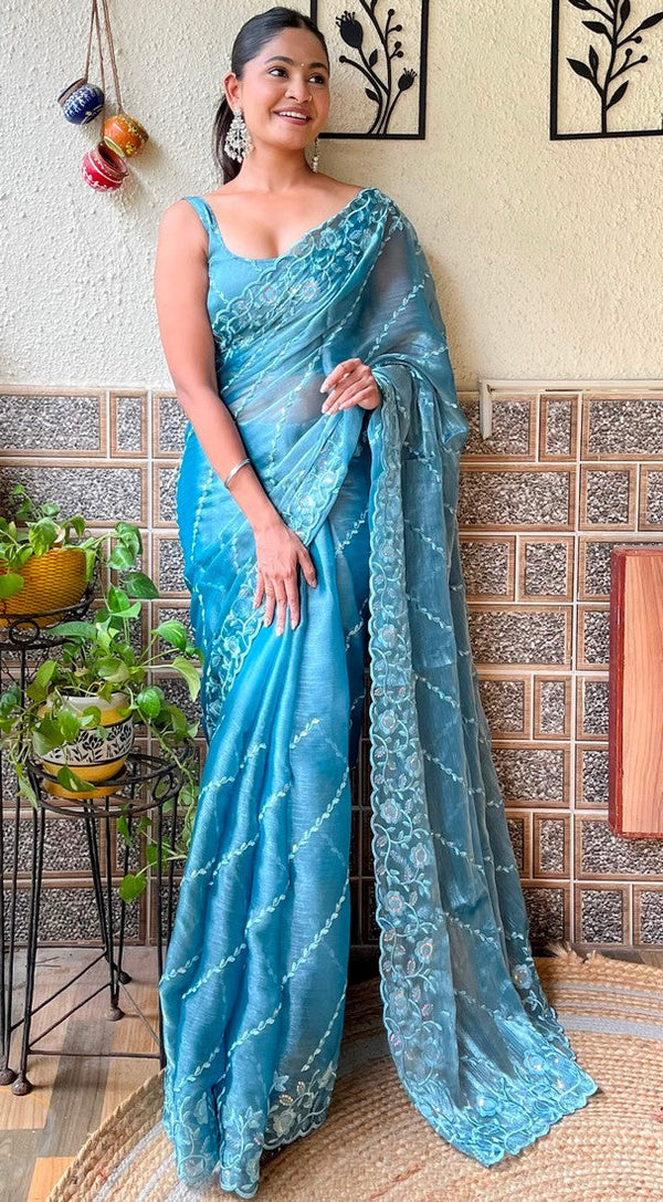 Ideal Aqua Color Burberry Fabric Casual Saree