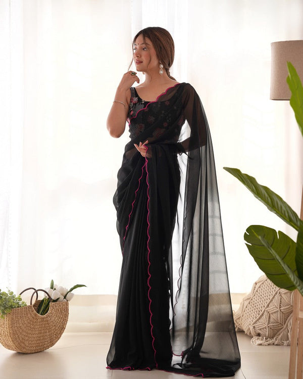 Beauteous Black Color Georgette Fabric Partywear Sarees