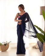 Beauteous Navy Blue Color Georgette Fabric Partywear Sarees