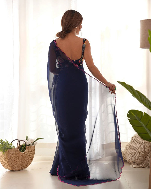 Beauteous Navy Blue Color Georgette Fabric Partywear Sarees