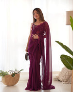 Beauteous Wine Color Georgette Fabric Partywear Sarees