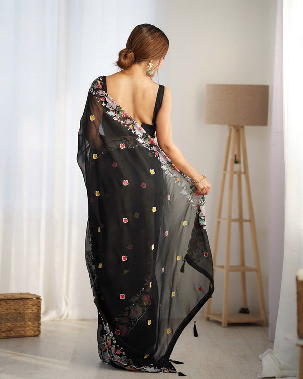 Beauteous Black Color Georgette Fabric Partywear Saree