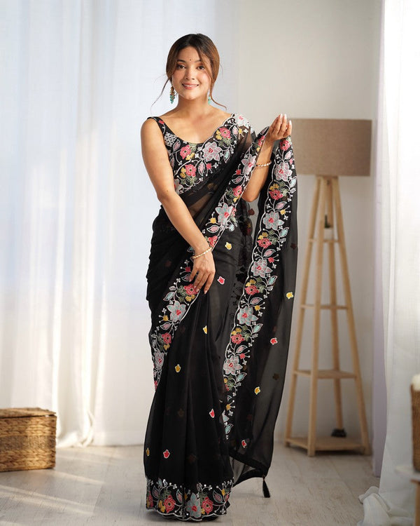 Beauteous Black Color Georgette Fabric Partywear Saree