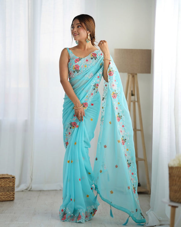 Beauteous Aqua Color Georgette Fabric Partywear Saree