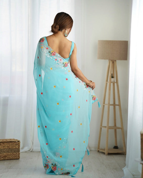 Beauteous Aqua Color Georgette Fabric Partywear Saree