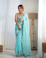 Beauteous Aqua Color Georgette Fabric Partywear Saree