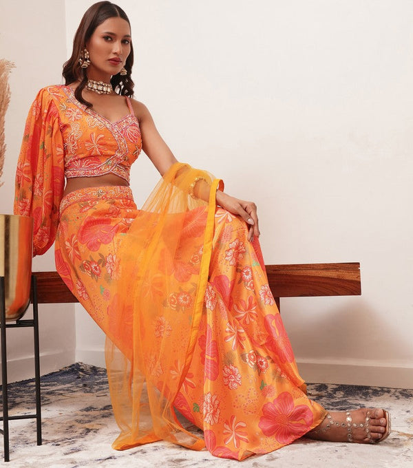 Amazing Orange Color Chinon Fabric Cord Set
