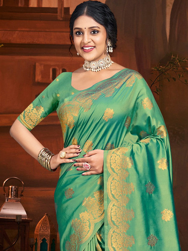 Grand Green Color Silk Fabric Partywear Saree