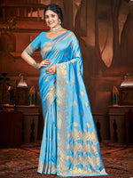 Grand Blue Color Silk Fabric Partywear Saree