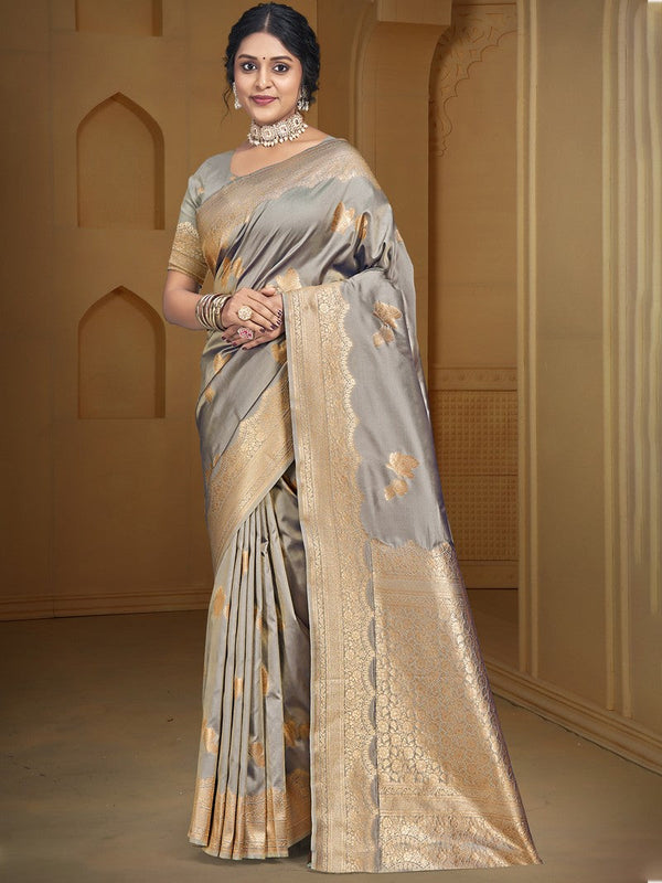 Grand Grey Color Silk Fabric Partywear Saree